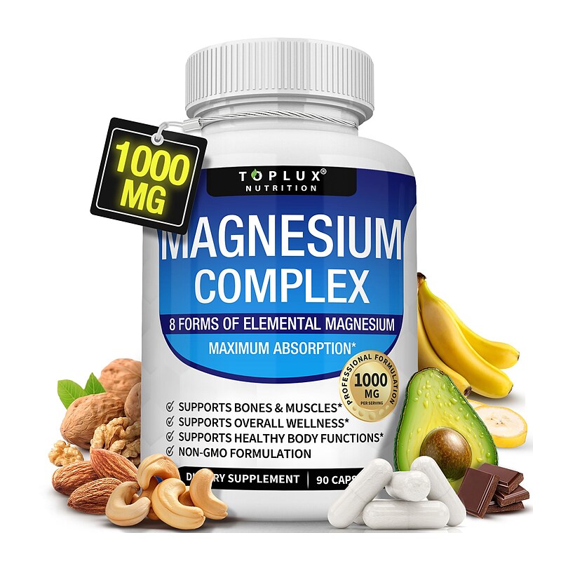 Bottle of Magnesium Complex 8-in-1 capsules — Toplux packshot